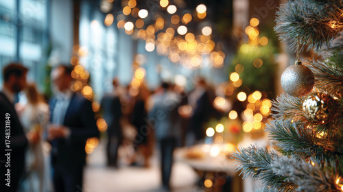 Blurred shot of business people at Christmas holiday party in office center 