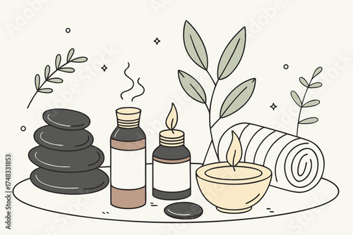 Spa massage stones and aromatherapy bottles with candle