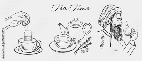 Hand drawn tea time illustrations. Man with a beard and turban drinking tea, teapot, hand holding tea bag above the cup. Vector hand drawn illustrations in vintage style