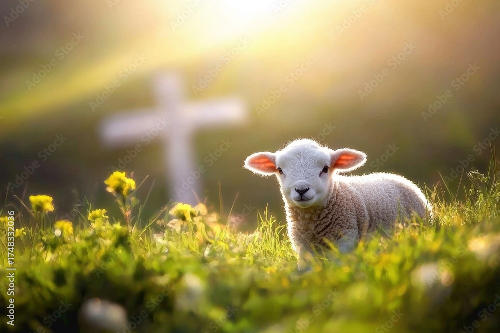 Fototapeta premium A peaceful scene featuring a lamb with a cross backdrop.