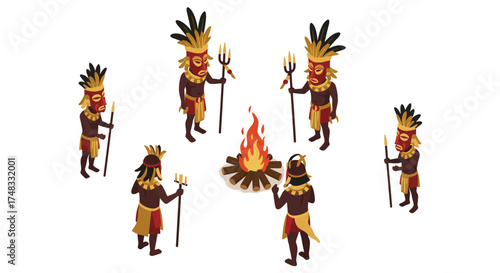 Tribal gathering around campfire in isometric style with traditional outfits