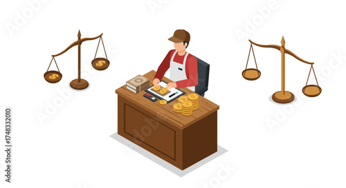 Isometric financial concept with cashier and scales of justice
