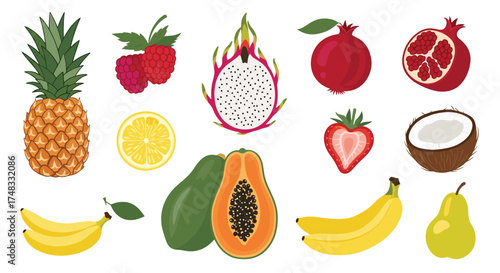 A vibrant collection of tropical and common fruits displayed in a playful pixel art style.