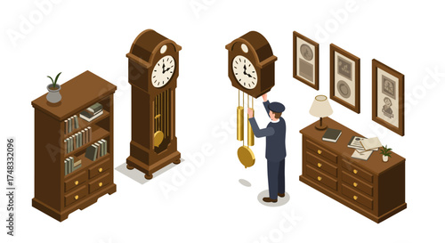 Isometric antique clock setup in vintage library setting