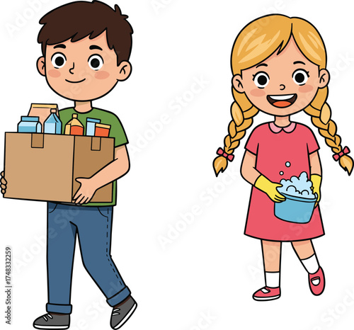 Children cleaning together, cartoon vector illustration, household chores, teamwork activity, cheerful kids, cleaning supplies, flat design, colorful scene, cad drawing flat vector illustration