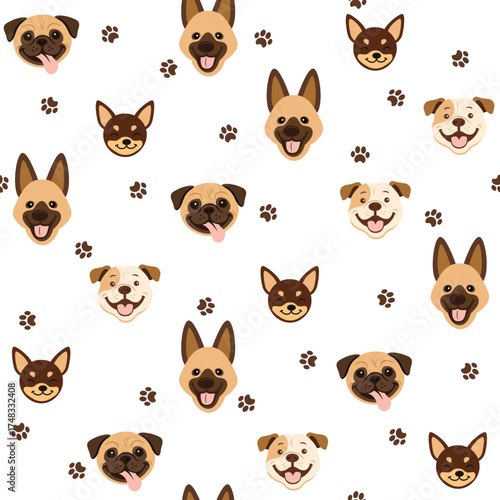 Seamless background with happy faces of cute puppies and paw.