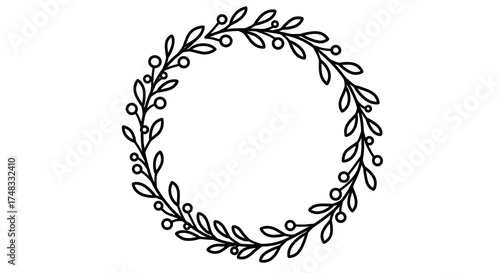 Elegant hand-drawn circular wreath with leaves and berries