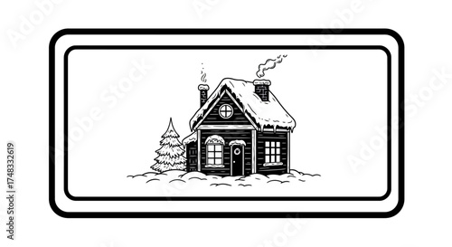 Cozy cabin in snowy winter scene with pine tree and smoke