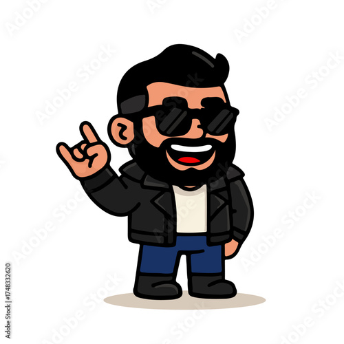 Cool biker man cartoon illustration. Bearded man with sunglasses showing rock hand gesture and smiling confidently.