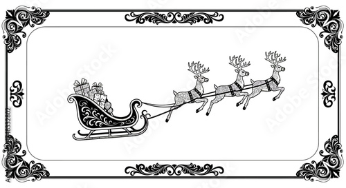 Ornate christmas sleigh with reindeer and gifts in monochrome frame