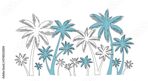 A vibrant collection of stylized palm trees against a white background showcasing artistic representation of tropical foliage.