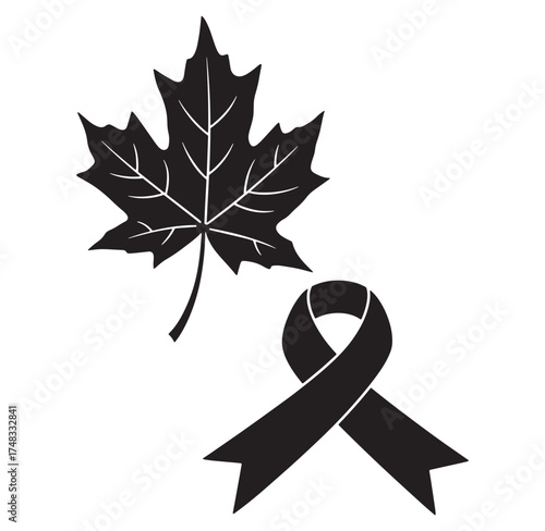 Canadian remembrance day concept featuring a maple leaf and a symbolic black awareness ribbon