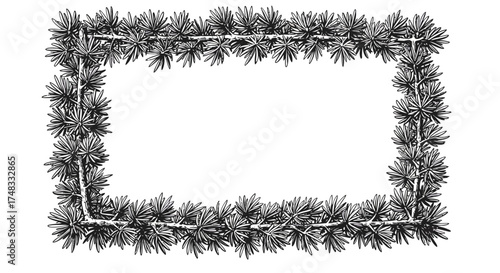 Hand drawn pine frame with black and white evergreen branches