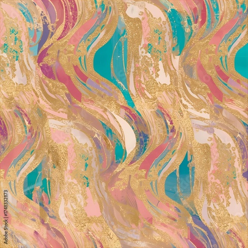 Seamless pattern of digital gold foil waves blended with pastel pink blue purple and cream hues accented with rose gold and turquoise glitter
