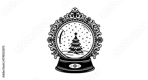 Ornate snow globe with christmas tree and falling snow on white background