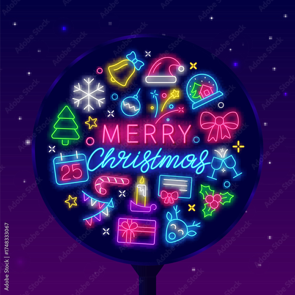 Naklejka premium Merry Christmas. Winter party neon street billboard. Vertical poster. Season event. Vector stock illustration