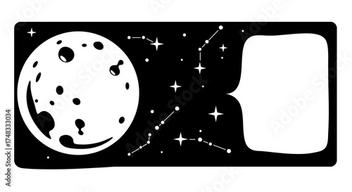 Celestial cosmos theme with moon and constellations in black and white design