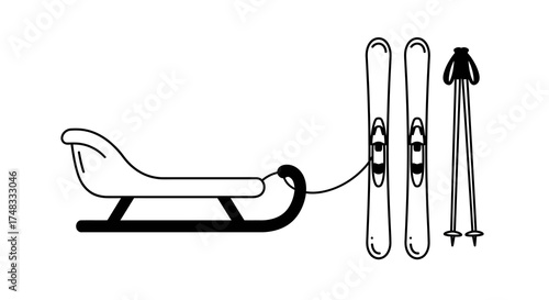 Minimalist winter sports gear: sleigh, skis, and poles in black and white sil…