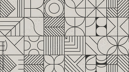 Geometric pattern with squares containing circles triangles and lines in shades of gray and black abstract background |  seamless patterns