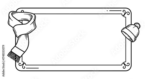 Winter frame with scarf and hat in black and white linear design