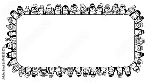 Festive penguin border with winter hats and scarves in black and white cartoo…