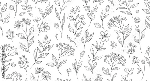 A subtle black and white botanical pattern with delicate floral illustrations.