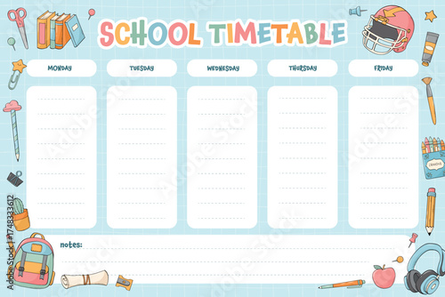 School timetable page, class schedule chart decorated with doodles, stationery cartoon elements. Good for planners, prints, banners, etc. EPS 10