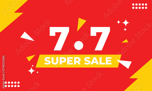Bold 7.7 super sale banner in red and yellow with white text and geometric accents. Perfect for online marketing, discount campaigns, and seasonal e-commerce advertising promotions.