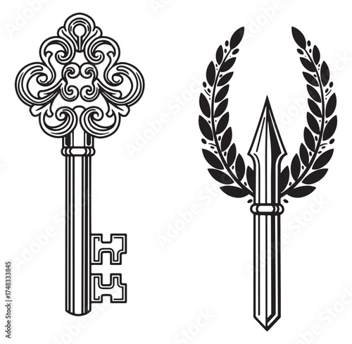 Elegant black and white illustration of a decorative key and laurel wreath spear emblem