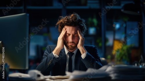A man in a suit showing signs of stress and frustration while working in a cluttered office environment during the late hours.