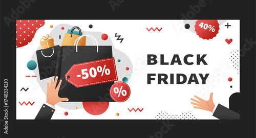 Stylish Black Friday sale illustration with discount signs, gift boxes, and shopping bags. Trendy modern design for holiday marketing and advertising.