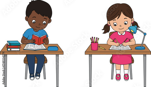 Children studying at desks, cartoon vector, homework time, educational activity, school supplies, focused learning, classroom scene, cad drawing flat vector illustration