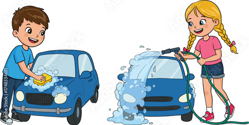Children washing car cartoon vector illustration, teamwork, outdoor activity, soap suds, hose, sponge, cheerful kids, flat design, playful responsibility scene