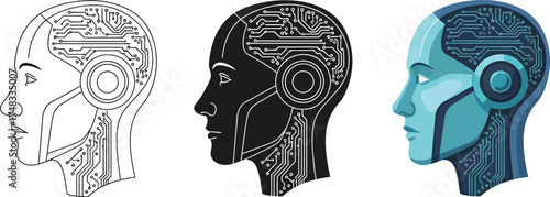 Set of cyborg head illustrations featuring circuit board details ideal for technology and artificial intelligence concepts