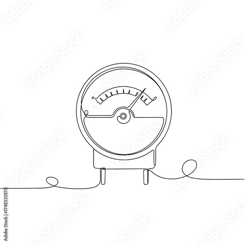 Galvanometer continuous line art, black and white, symbolizing measurement and electricity, with copy space