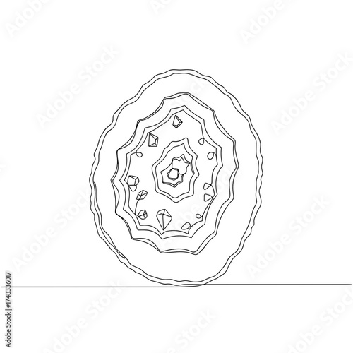 Geode crystal in continuous line art, black and white, representing geology and natural beauty, with copy space