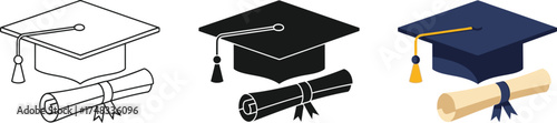 Graduation cap and diploma illustration vector design in outline silhouette and color symbolizing academic achievement and success