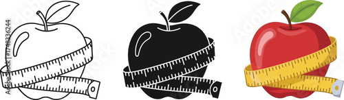 Apple with measuring tape icons representing diet and healthy lifestyle vector illustration isolated on white background