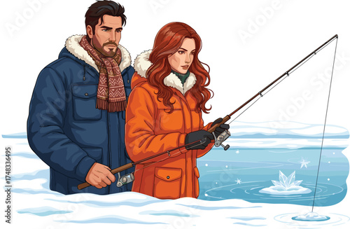 Ice fishing on frozen lake, winter outdoor activity, two people in warm coats, snow landscape, fishing rods, cold weather recreation scene