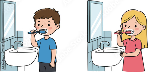 ildren brushing teeth, bathroom hygiene, cartoon vector, daily routine, health habit, mirror scene, morning care, cad drawing flat vector illustration