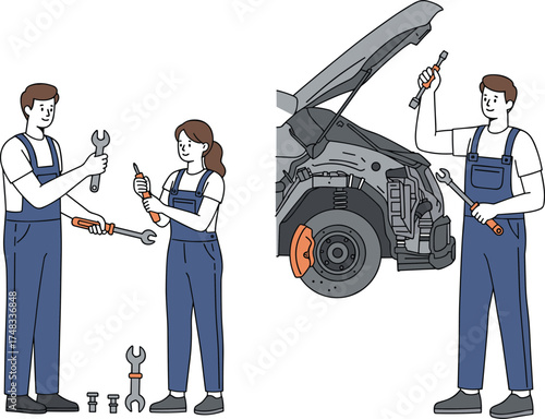 Mechanic man and woman with tools, teamwork repair scene, car maintenance, wrench and screwdriver, garage service, cartoon vector, cad drawing flat vector illustration