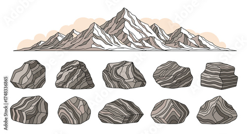 Collection of various rock and mountain illustrations for design projects.