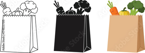 Grocery bag with fresh vegetables vector illustration in line art silhouette and color for healthy eating concepts