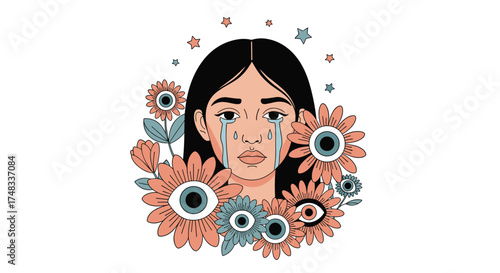 Melancholy portrait of a girl surrounded by surreal blooming eyes and delicate flowers.