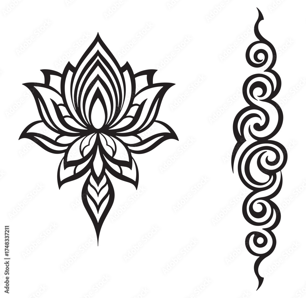 Fototapeta premium Elegant black lotus flower design and decorative scroll element on white background