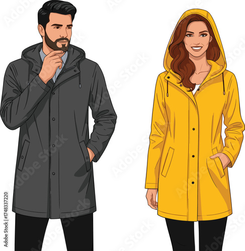 Raincoat fashion illustration, cartoon people in outerwear, waterproof jacket, hooded outfits, casual style, wet weather clothing, cad drawing flat vector illustration
