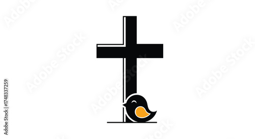 A small bird rests beneath a Christian cross on a white background.