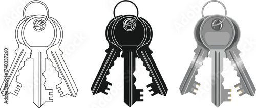 Set of keys vector illustration in line art silhouette and gray scale isolated on white background