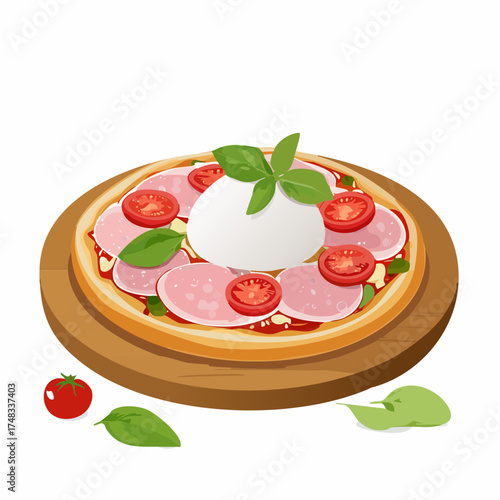 Pinsa Romana mit gekochtem Schinken, Kirschtomaten, Burrata-Käse und Basilikumblättern auf Holztisch