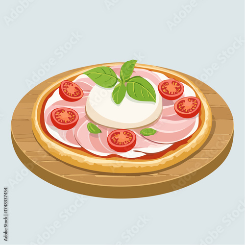 Pinsa Romana mit gekochtem Schinken, Kirschtomaten, Burrata-Käse und Basilikumblättern auf Holztisch
